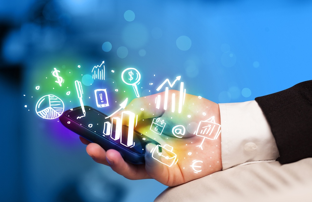 Smartphone With Finance And Market Icons And Symbols Concept